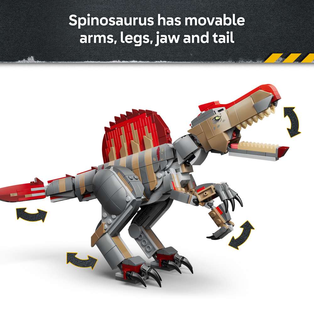 LEGO Jurassic World Spinosaurus Dinosaur Escape 77982 - captioned product view. 820 pieces. Ages 9+.