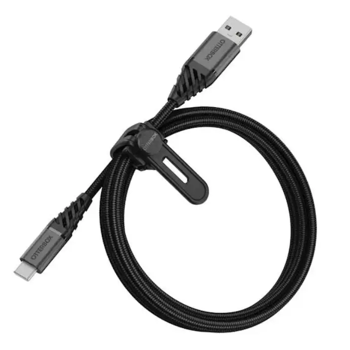 OtterBox Premium USB-C to USB-A cable 1 metre in dark ash black with braided nylon design and cable organizer tie, featuring reinforced connectors