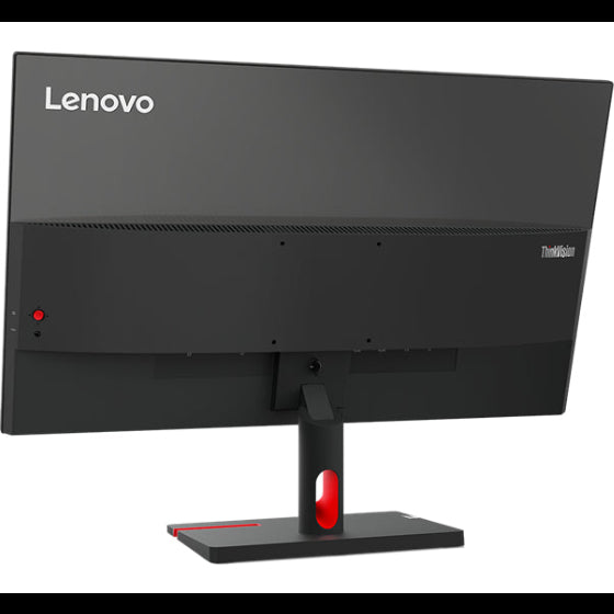 Lenovo ThinkVision S27i-30 27 inch Full HD monitor with black bezel and stand featuring red accent details, shown from rear three-quarter angle