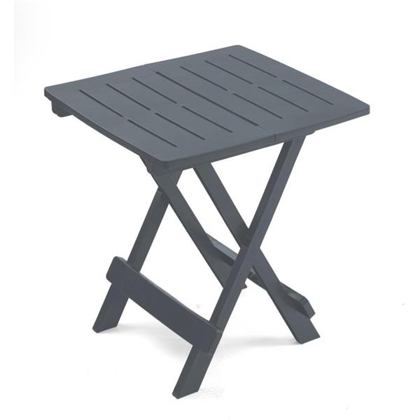 Grey plastic folding side table with slatted square top and X-frame design, compact outdoor furniture piece