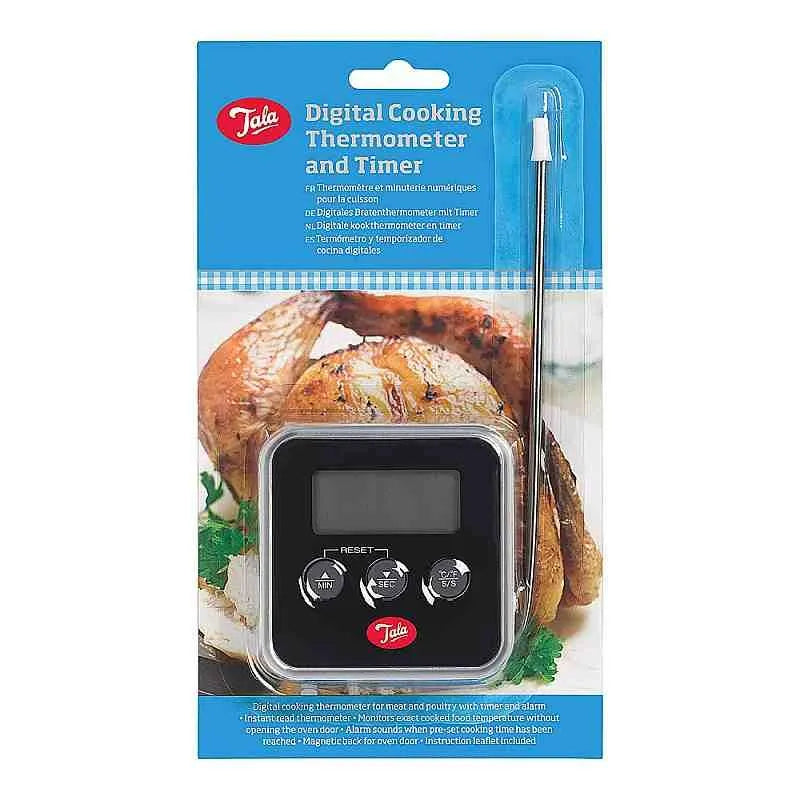 Tala Digital Cooking Thermometer and Timer with stainless steel probe in packaging featuring roasted chicken and product display on blue background