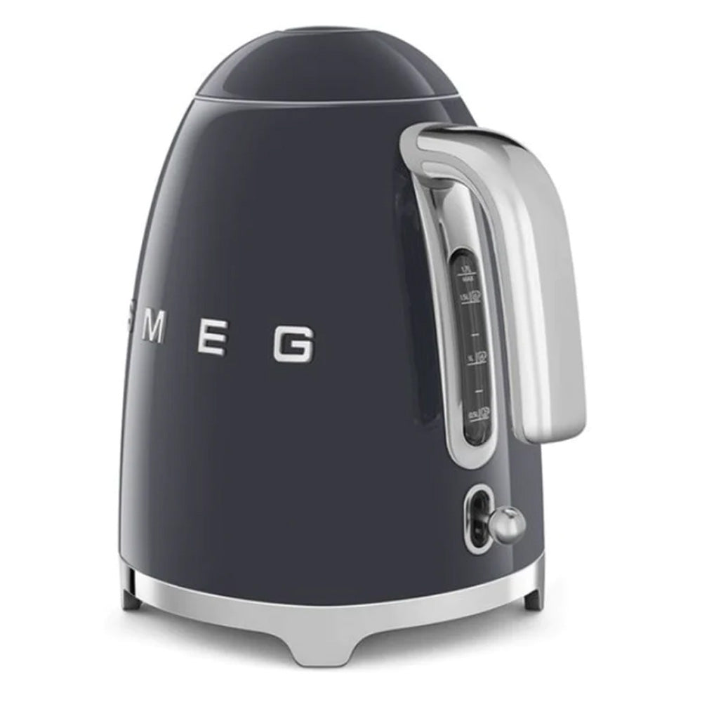 Smeg KLF03GRUK 1.7 litre slate grey retro 50s style electric kettle with stainless steel handle and chrome accents