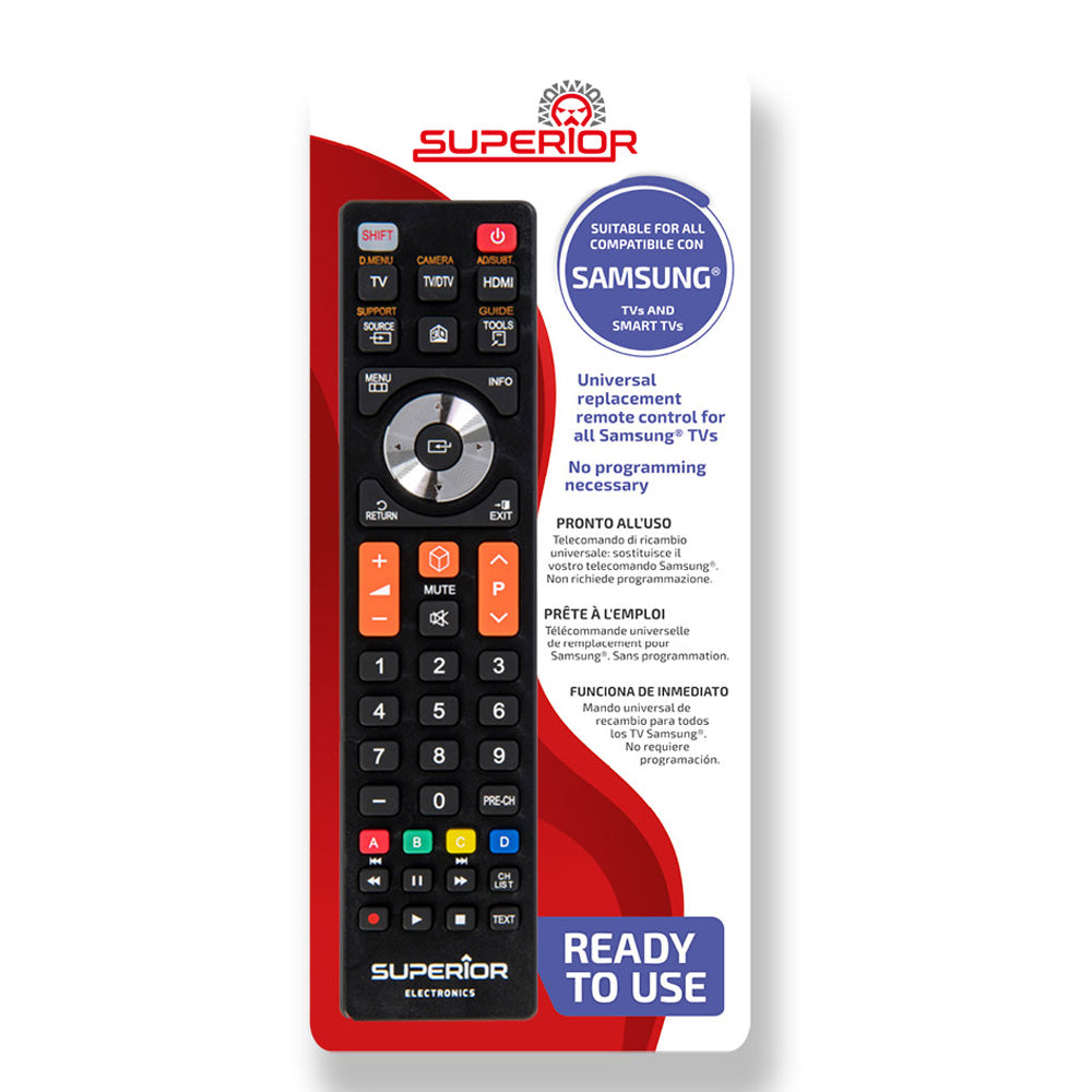 Superior universal remote control for Samsung TVs with black body and orange accent buttons, displayed on white and red product packaging showing full button layout including numeric keypad, directional pad, and media controls, marked as ready to use with no programming required