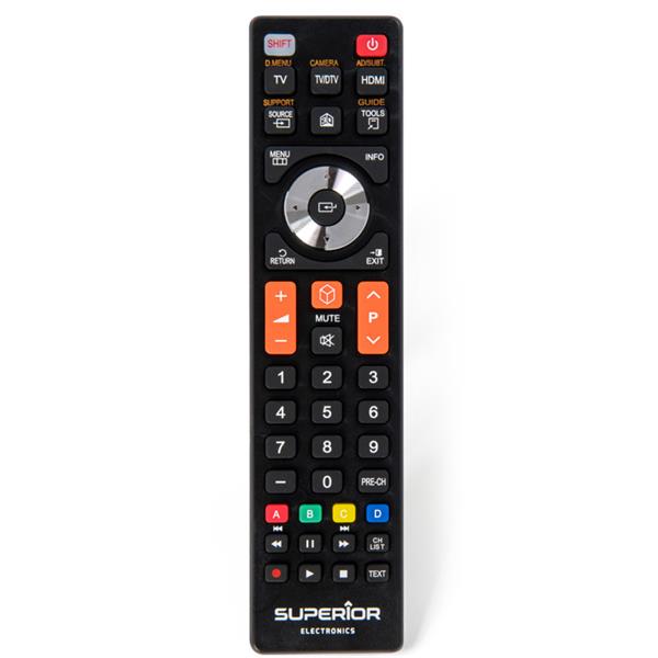 Black Superior universal remote control with orange and red accent buttons, featuring numbered keypad, directional pad, HDMI and TV controls, designed for Samsung smart TVs