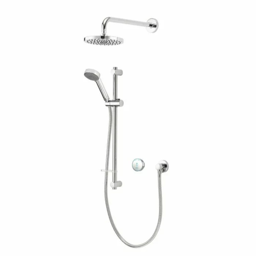 Aqualisa Quartz Blue Smart Digital Shower System with chrome overhead rain showerhead, handheld shower on sliding rail, digital control panel, and wall-mounted fixtures on white background
