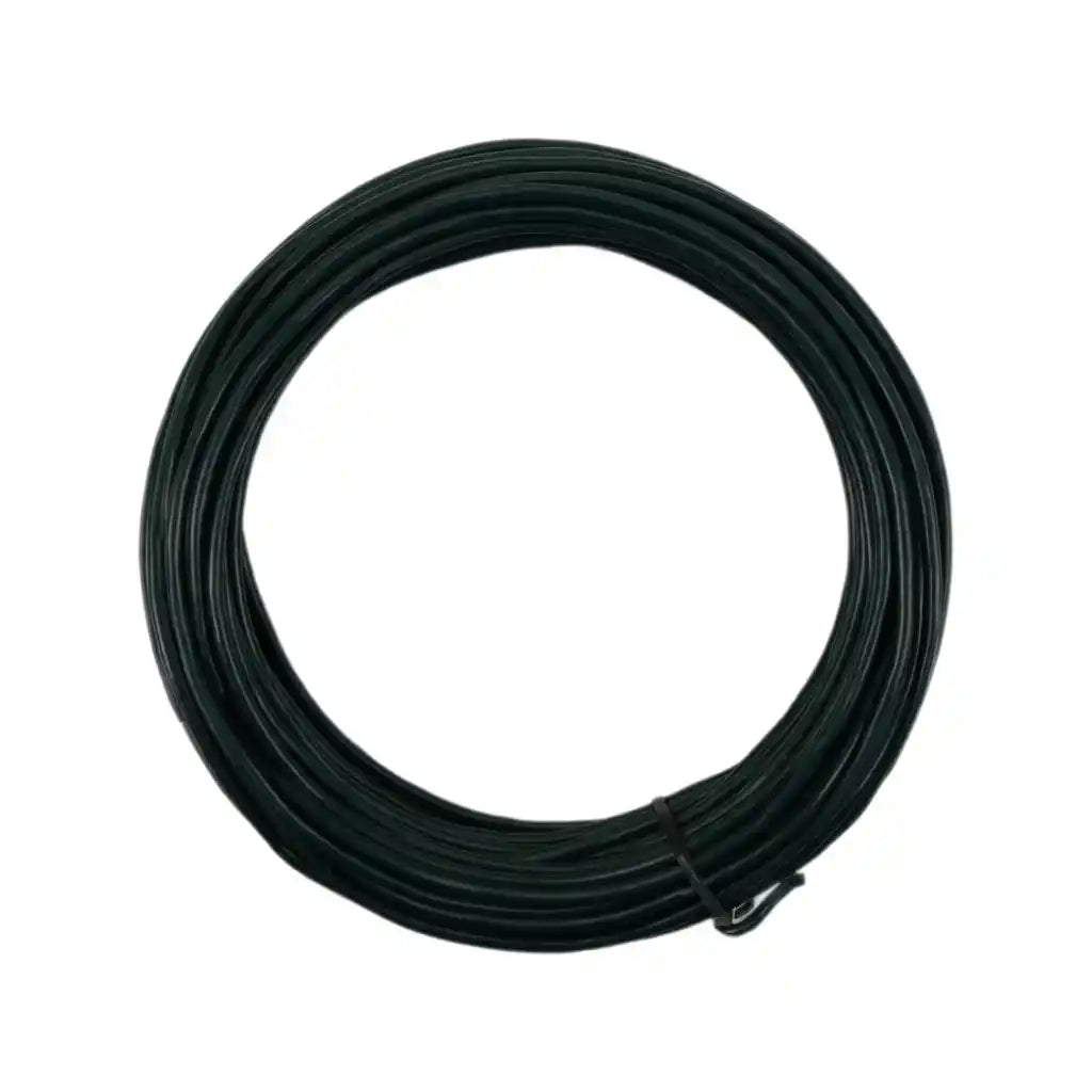 Green Blade heavy duty garden tying wire coil, 2mm diameter by 20 metre length, dark green plastic-coated wire wound in a circle with metal connector loop visible