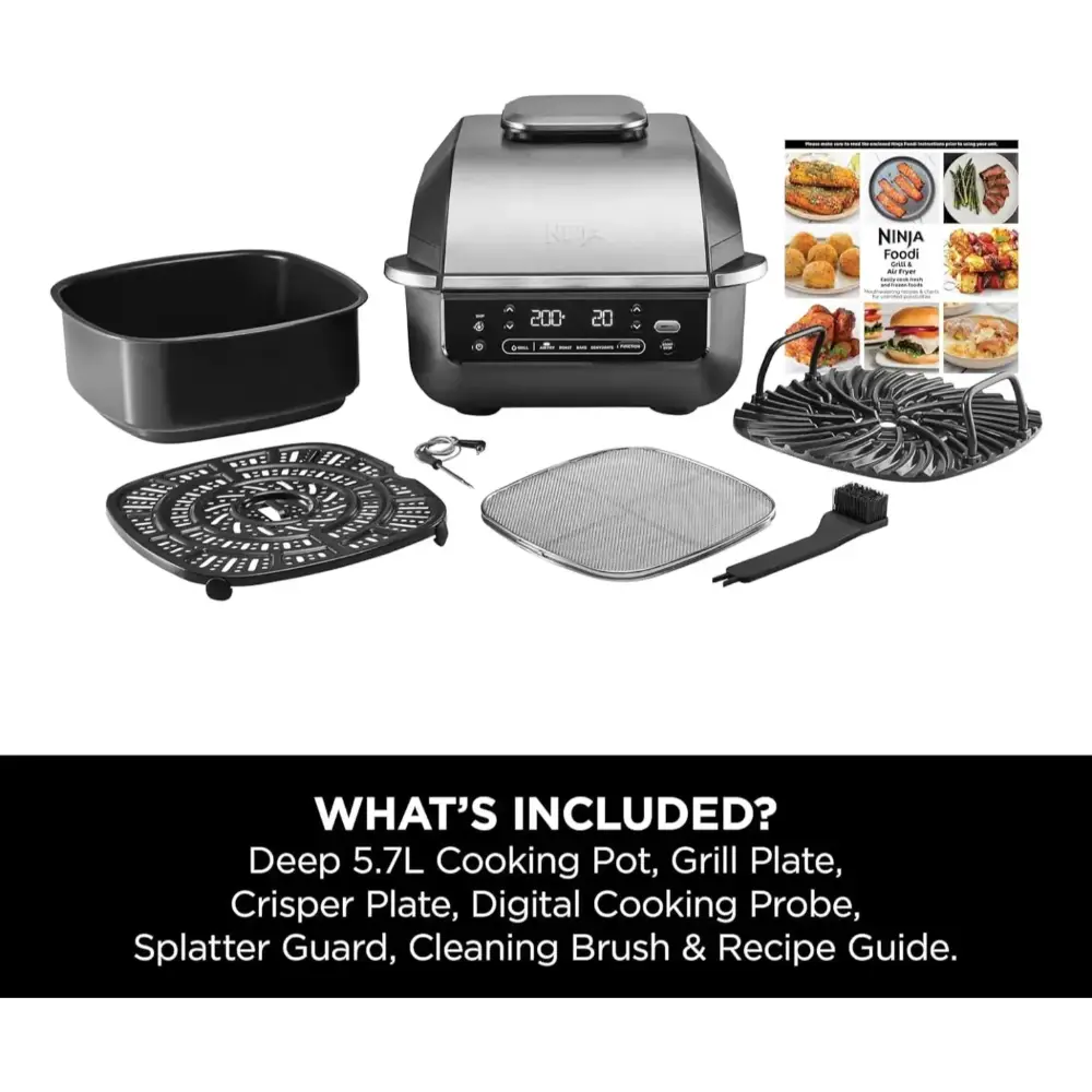 Ninja Foodi 5-in-1 Grill and Air Fryer EG351UK with stainless steel body and black accents, shown with included accessories: deep 5.7L cooking pot, grill plate, crisper plate, digital cooking probe, splatter guard, and cleaning brush, plus recipe guide displaying cooked food examples