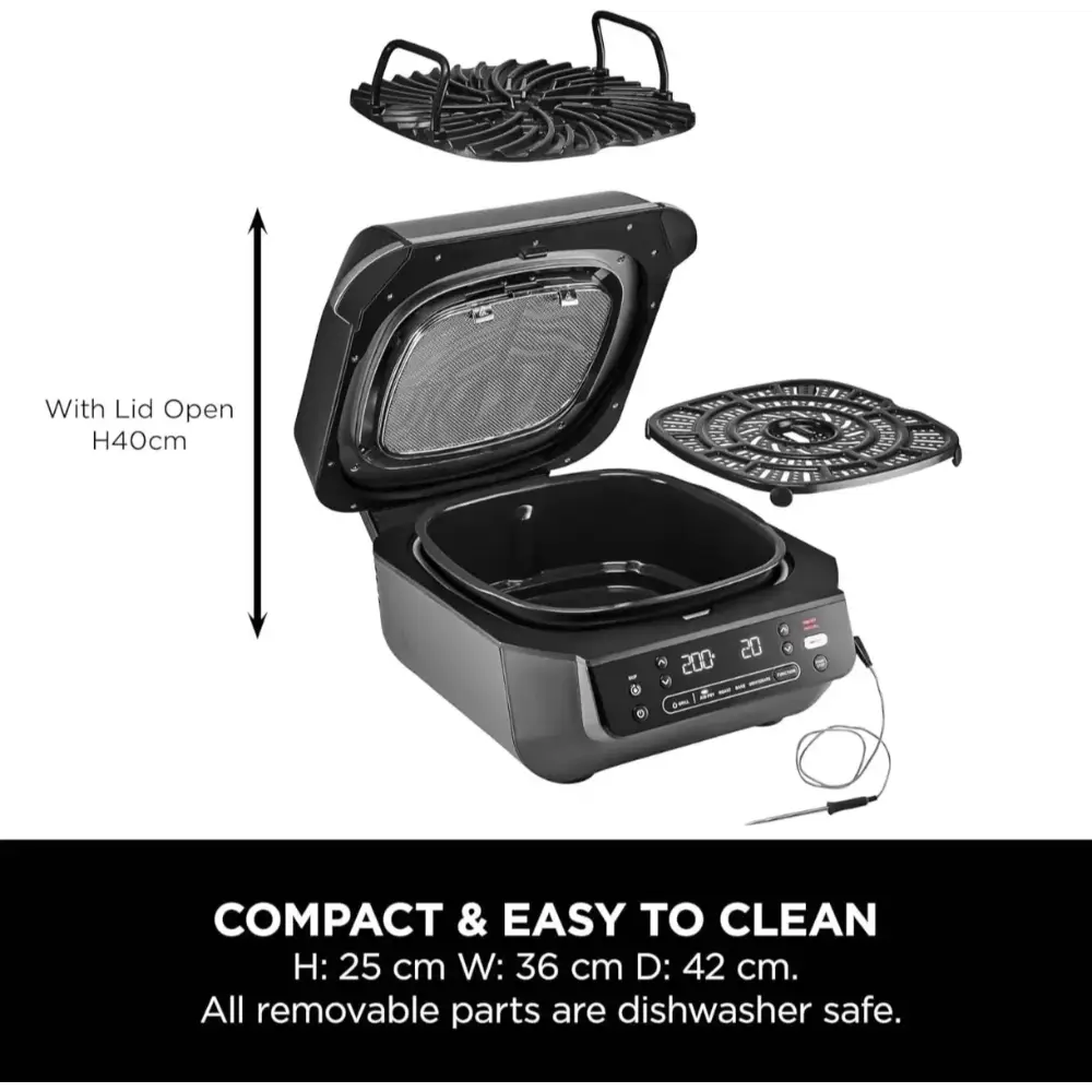 Ninja 5 in 1 Grill and Air Fryer EG351UK with lid open showing removable parts, displaying compact dimensions H25cm W36cm D42cm with dishwasher safe components in black and stainless steel finish