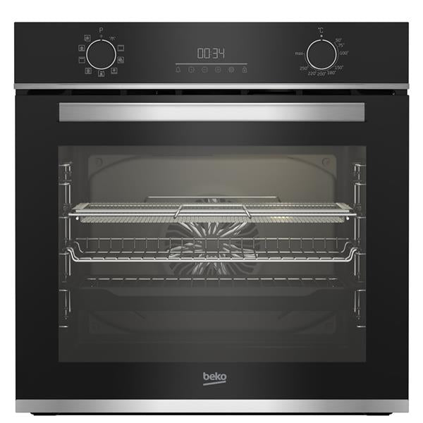 Beko AeroPerfect stainless steel built-in single oven with black glass front, dual control knobs, digital display, and wire shelving visible through the oven door
