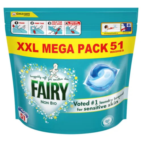 Fairy Non Bio XXL Mega Pack 51 laundry pods in turquoise and yellow packaging featuring a blue dissolvable capsule, Child-Safe certified with usage instructions displayed on top