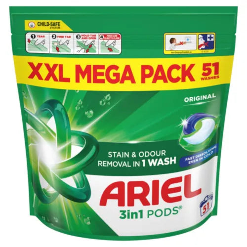 Ariel 3in1 Pods Original XXL Mega Pack 51 wash laundry detergent pods in green and white packaging with blue pod capsule visible
