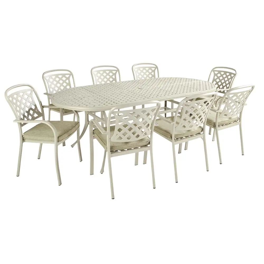 Hartman Berkeley 8 seater cast aluminium oval garden dining set with cream coloured table and chairs featuring lattice backrest design and beige seat cushions