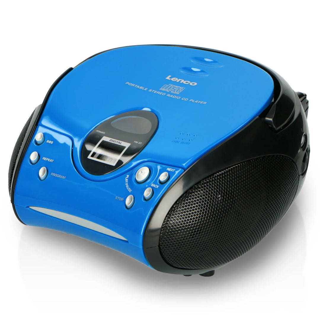 Lenco SCD-24 portable CD player with FM radio in blue and black featuring digital display, control buttons, and mesh speaker grille