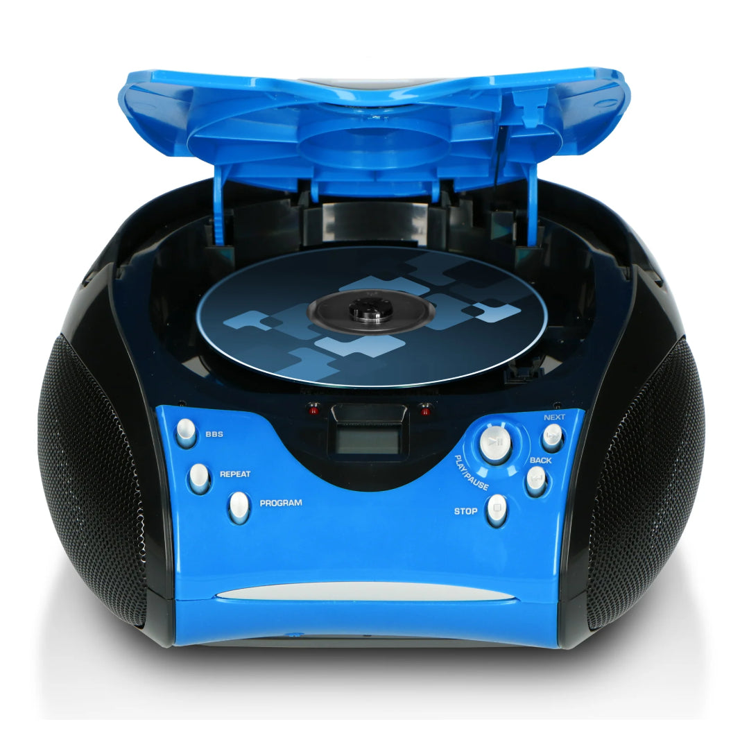 Lenco SCD-24 portable CD player in blue and black with FM radio, featuring fabric speakers, open disc tray, and control buttons including play, stop, repeat, program and bass boost functions