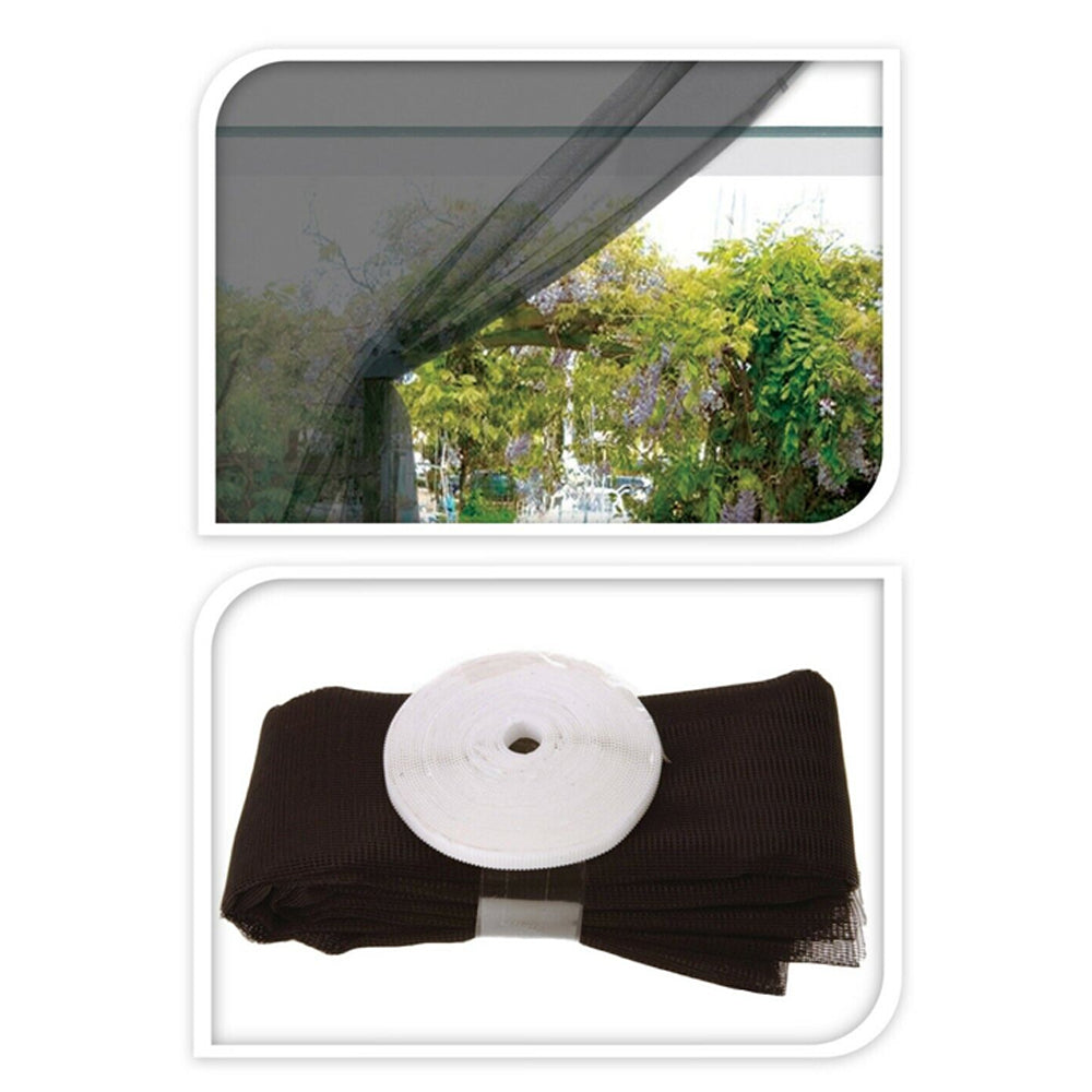 Progarden anti-insect fly screen window kit showing black mesh netting with white adhesive velcro tape roll, displayed with installation example on pergola window measuring 130cm x 150cm