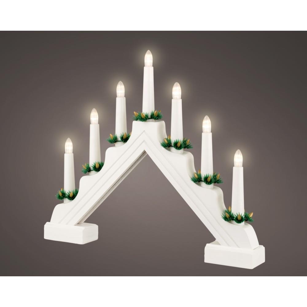 White wooden battery-operated candlebridge with 7 LED candles and green foliage decorations on gray background