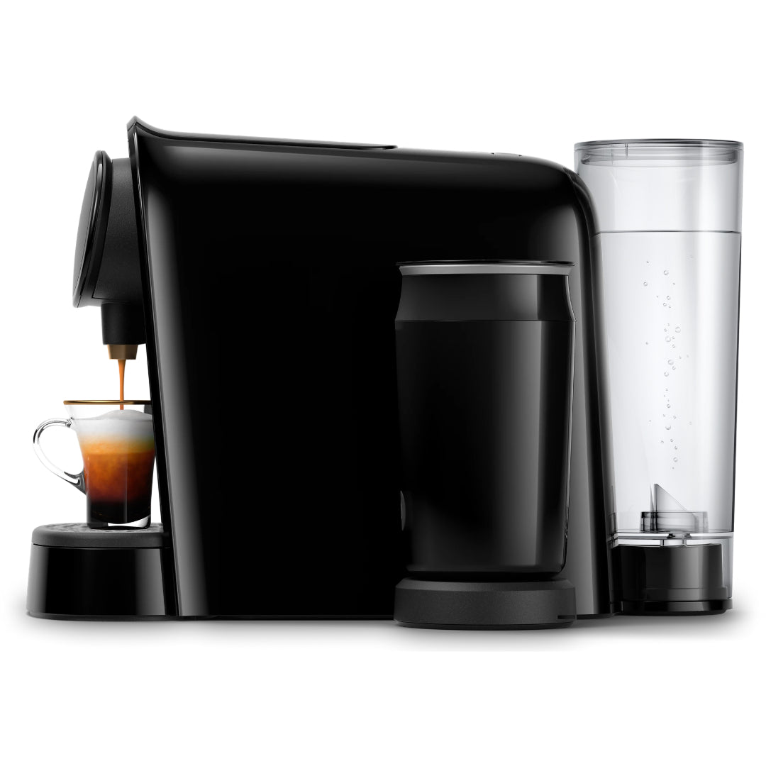Philips L'OR Barista deep black capsule coffee machine with milk frother, featuring a sleek black main unit, black milk frother jug, clear water reservoir, and glass cup with freshly brewed espresso on white background