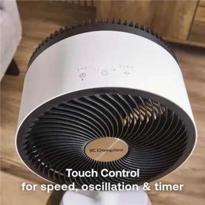 Dimplex Duocool 2 in 1 white and black pedestal desk fan with touch control panel showing speed oscillation and timer settings displayed from above on wooden floor