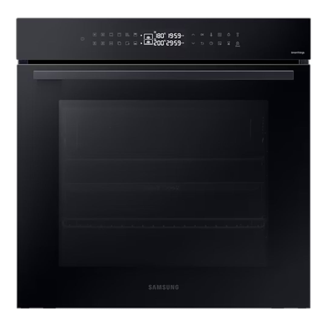 Samsung Series 4 built-in single oven with black glass front and stainless steel frame, featuring digital display showing temperature settings and dual cook functionality, 76 litre capacity