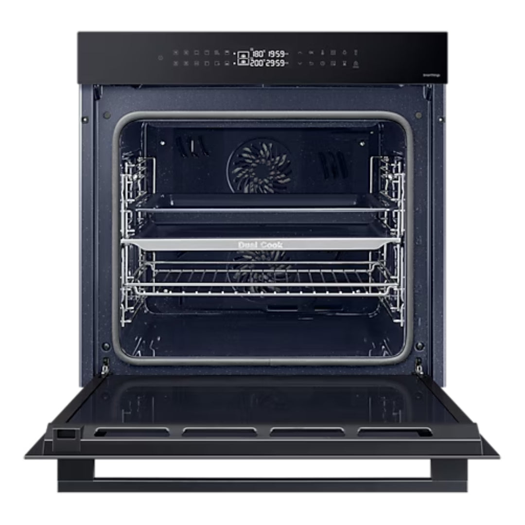 Samsung Series 4 NV7B42503AK/U4 black built-in single oven with dual cook function, 76 litre capacity, front view showing digital display, multiple wire racks and interior fan