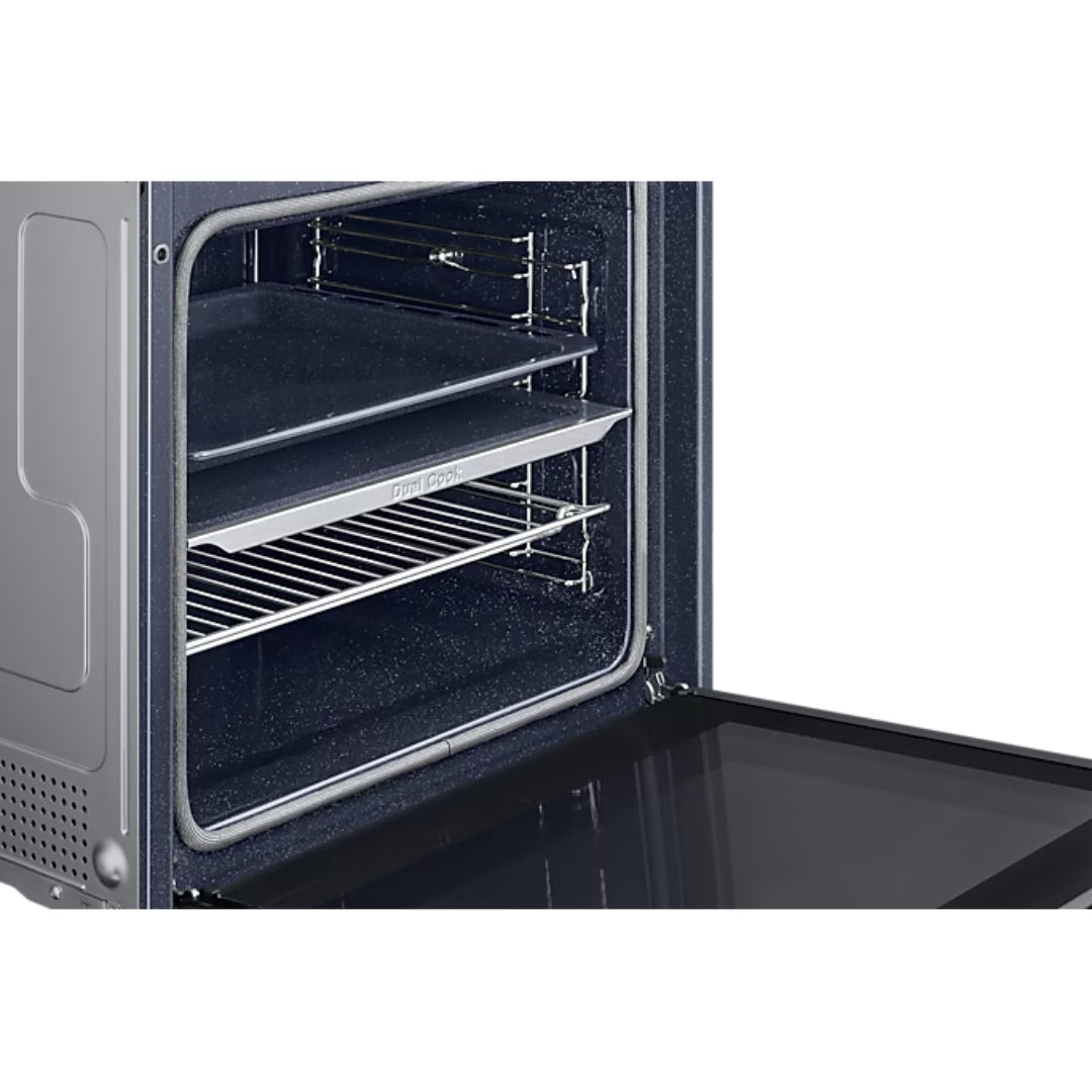 Samsung Series 4 built-in single electric oven with dark blue finish, open door showing interior with chrome handles, wire shelves and grill rack, stainless steel trim and details visible on the front panel