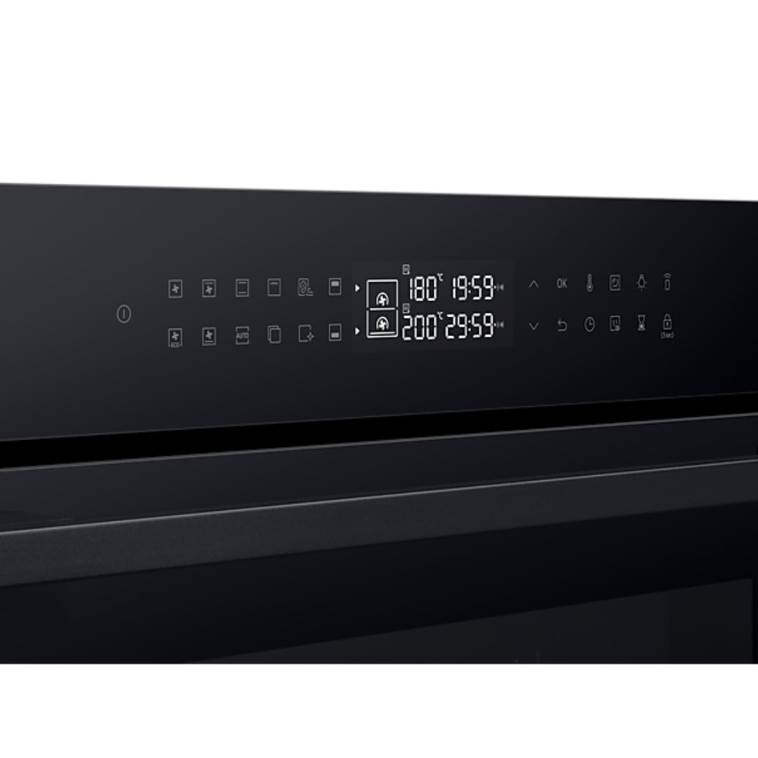 Samsung Series 4 built-in single oven with dark black glass front displaying dual cook temperature settings of 180°C and 200°C, featuring touch controls and multiple cooking function icons on the control panel