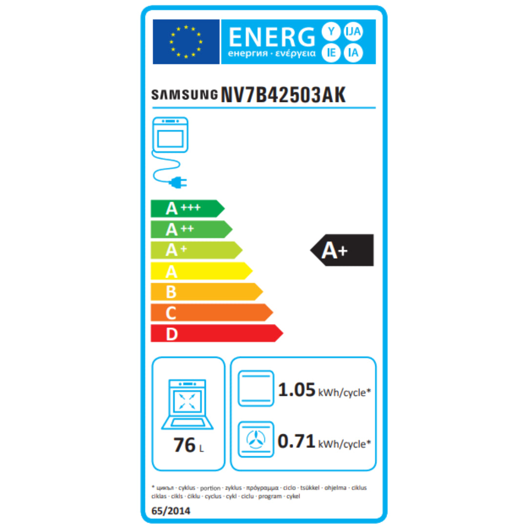 EU energy label for Samsung NV7B42503AK built-in electric oven showing A+ efficiency rating, 76 litre capacity, and energy consumption of 1.05 kWh per conventional cycle and 0.71 kWh per fan-assisted cycle