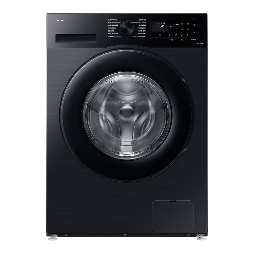 Samsung Series 5 black washing machine with 9kg capacity, front-loading design, digital display showing 12:27, control panel with dial and buttons, and stainless steel drum visible through large circular glass door