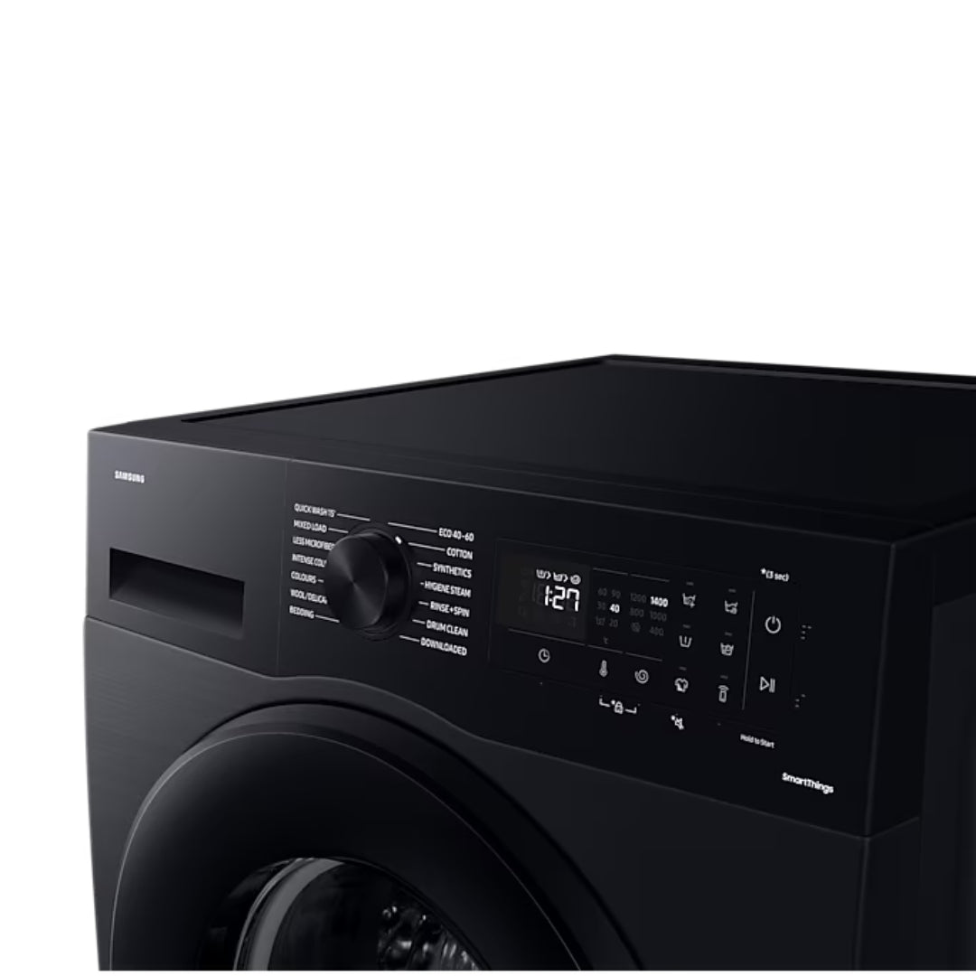 Samsung Series 5 black ecobubble washing machine with 9kg capacity, 1400 RPM spin speed, digital display showing 12:27 time, control dial and buttons on front panel against white background