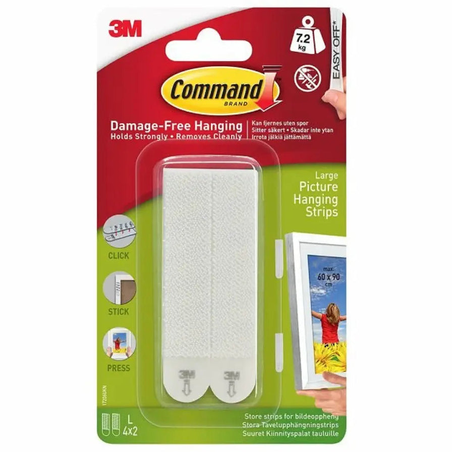 3M Command Large Picture Hanging Strips white adhesive damage-free strips holding 7.2kg pack of 4 with click stick press application method shown on red and green packaging