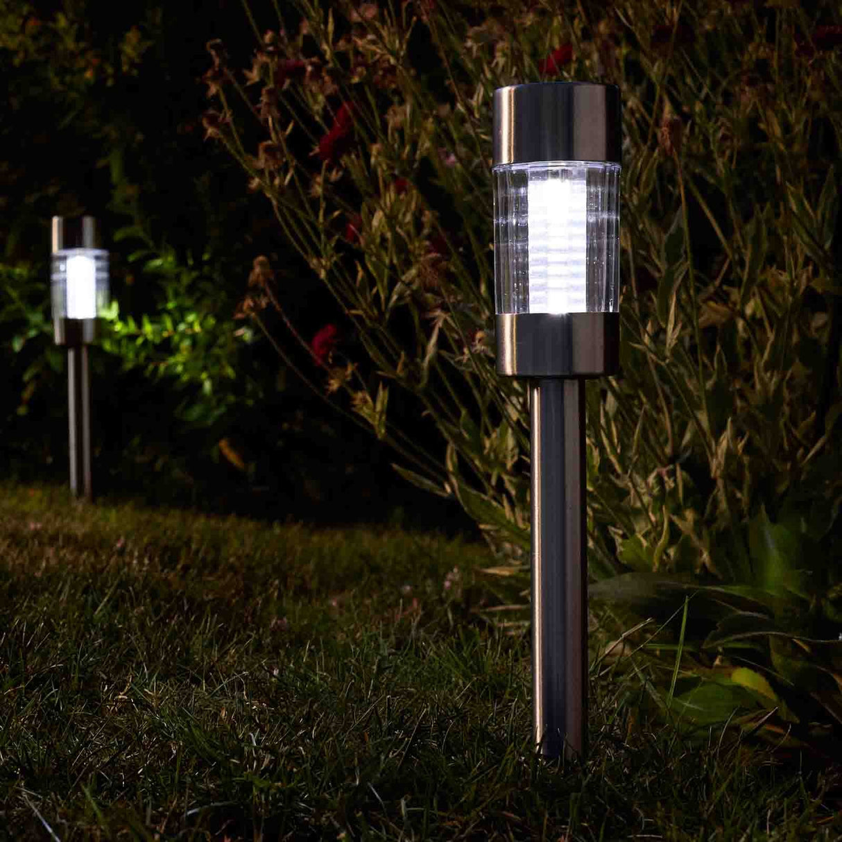 Solar garden stake lights with stainless steel bodies and illuminated cylindrical glass panels positioned among green foliage and grass at night