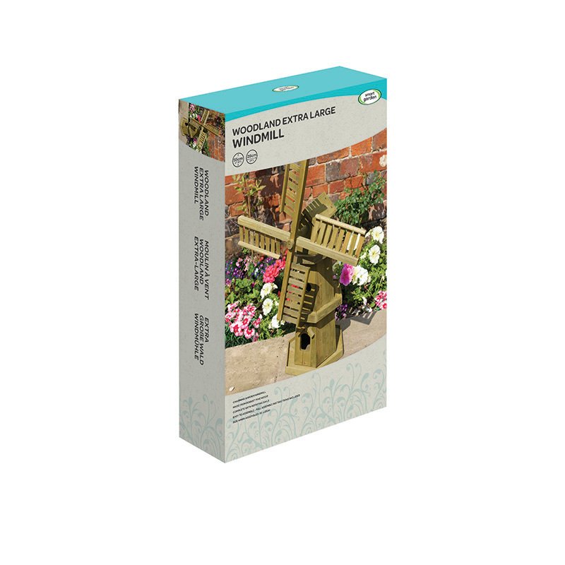 Woodland Extra Large Windmill garden ornament in natural wood finish displayed in product packaging with turquoise top and cream base, shown against brick wall with flowering plants