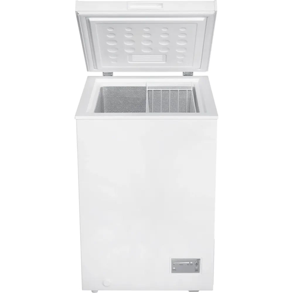 White Beko chest freezer model CF4098W with 98 litre capacity, open lid showing interior storage baskets and insulated compartment, front-mounted control panel, top-view product photograph