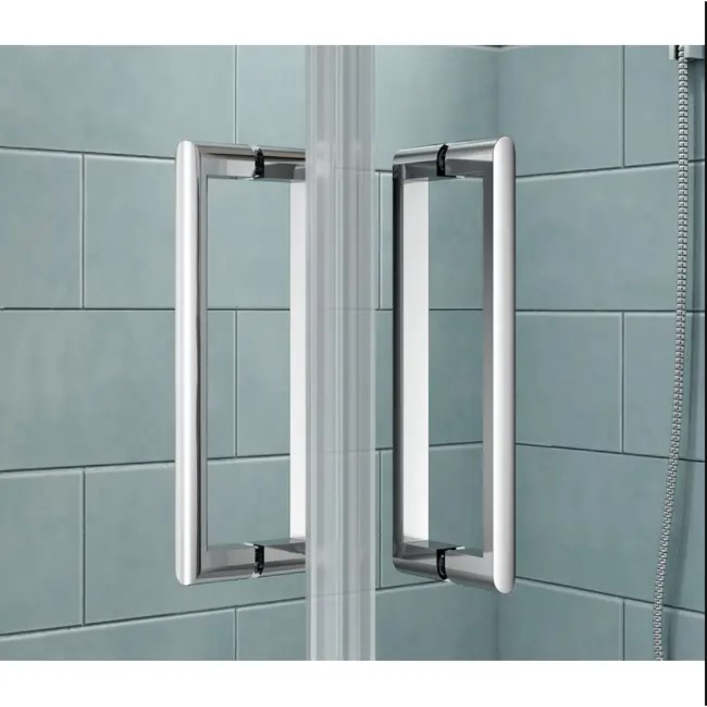 Merlyn 8 Series frameless pivot shower door with polished chrome handles and frame, featuring clear glass panels and aqua subway tile wall surround, 760mm to 1000mm width