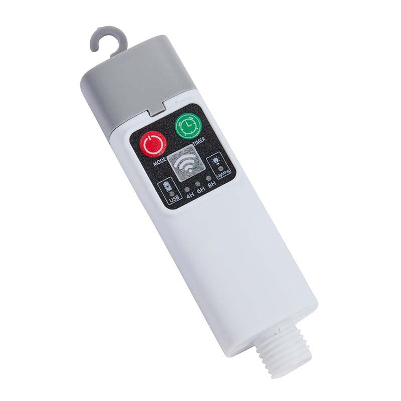 Smart Garden rechargeable garden string lights controller with gray and white plastic housing, featuring red and green indicator lights, control buttons, and USB charging port with hanging hook