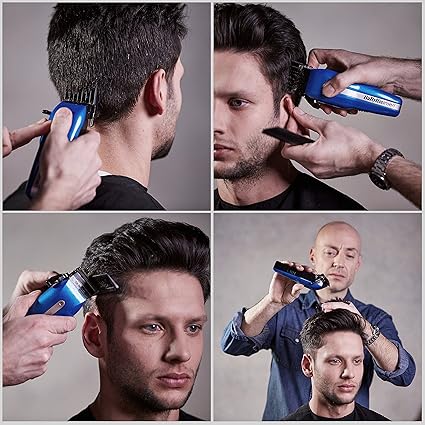 Collage of a person using a hair trimmer on another person's head.