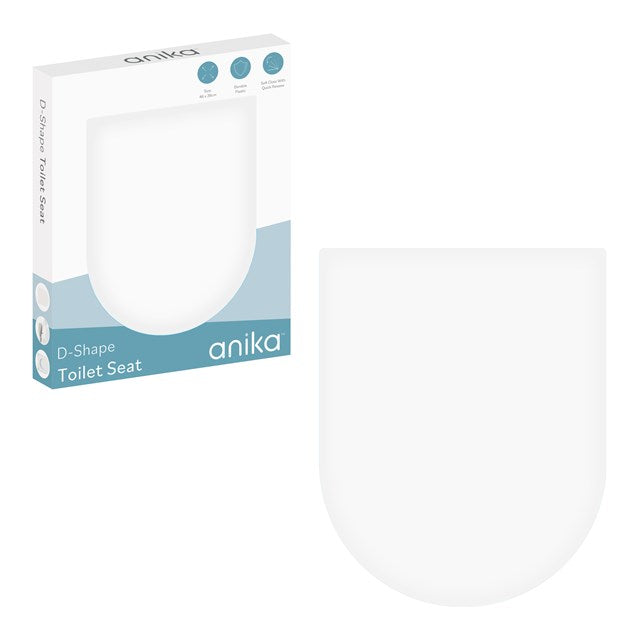 Anika D-shaped white soft close quick release toilet seat with packaging box displayed on white background