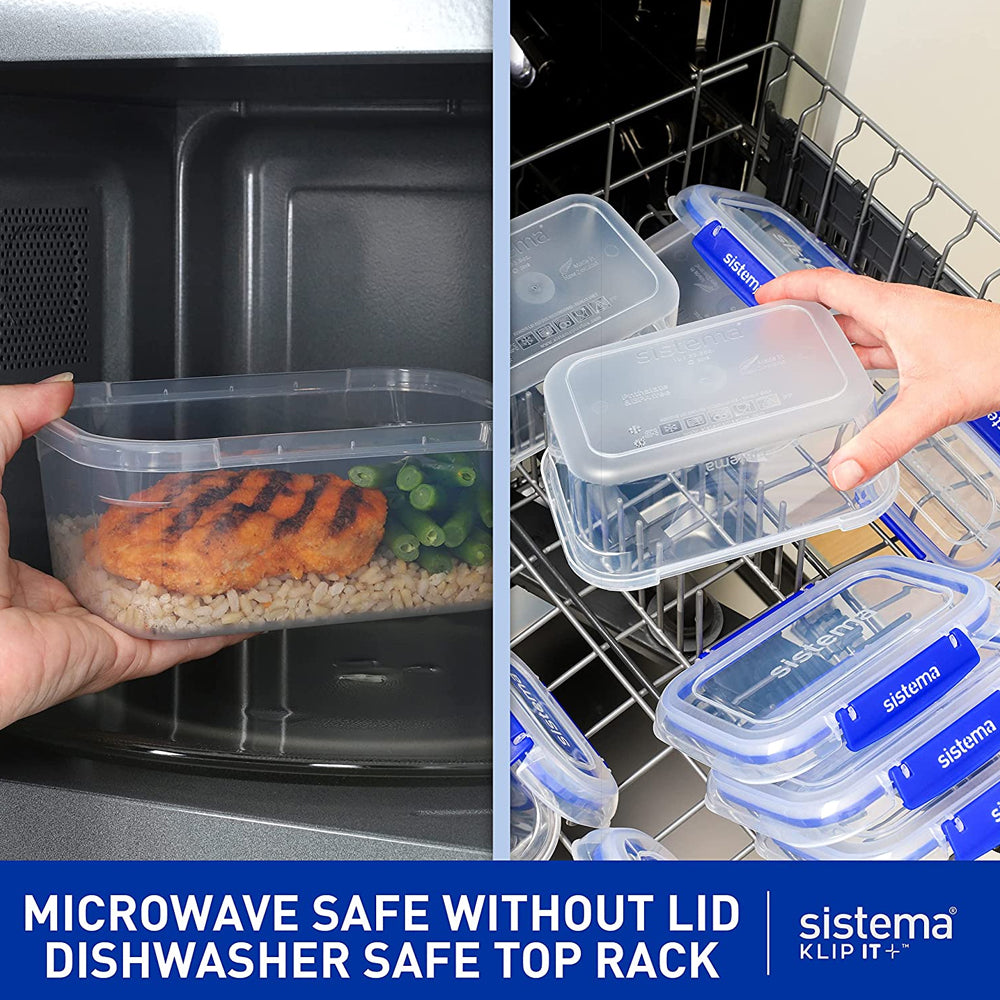 Sistema Klip It Plus rectangular clear plastic food storage container with blue clip-lock lid shown microwaving a meal with rice and grilled protein, and displayed in dishwasher top rack alongside matching containers