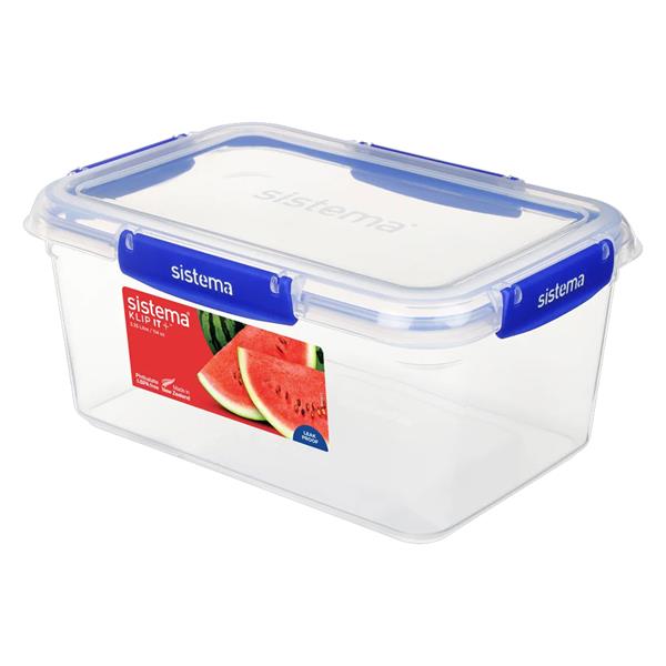 Sistema Klip it Plus rectangular food storage container 3.35 litre with clear plastic body, blue clip-lock lid and handles, featuring watermelon product label on front