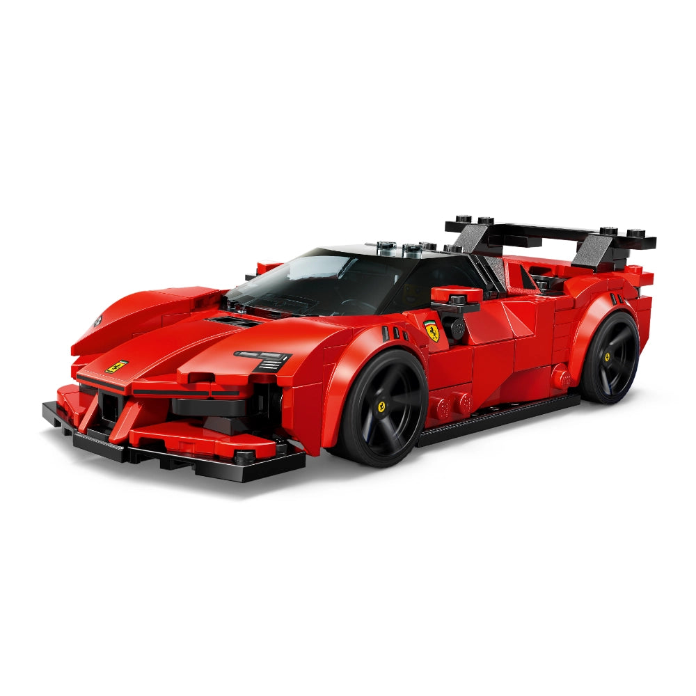 LEGO Ferrari SF90 XX Stradale red sports car model with black racing wing, detailed brick construction, opening doors and black wheels displayed against white background