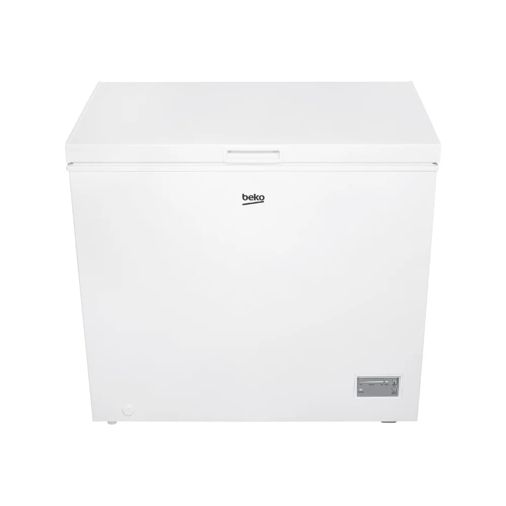 Beko white chest freezer model CF4198W with 198 litre capacity, featuring a hinged top lid, front-mounted control panel, and compact rectangular design