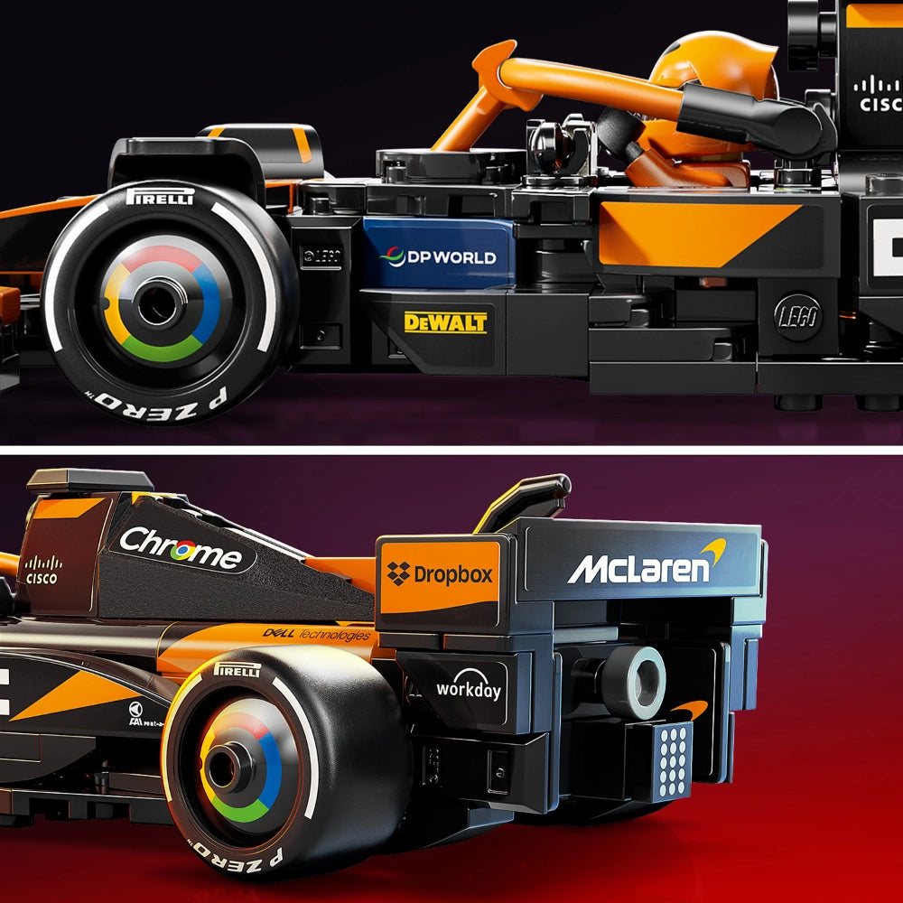 LEGO McLaren F1 Team MCL38 race car set 77251 showing detailed side views of the orange and black buildable Formula 1 car model with Pirelli tires, featuring sponsor logos including DeWalt, DPWorld, Chrome, Dropbox, Workday and McLaren branding