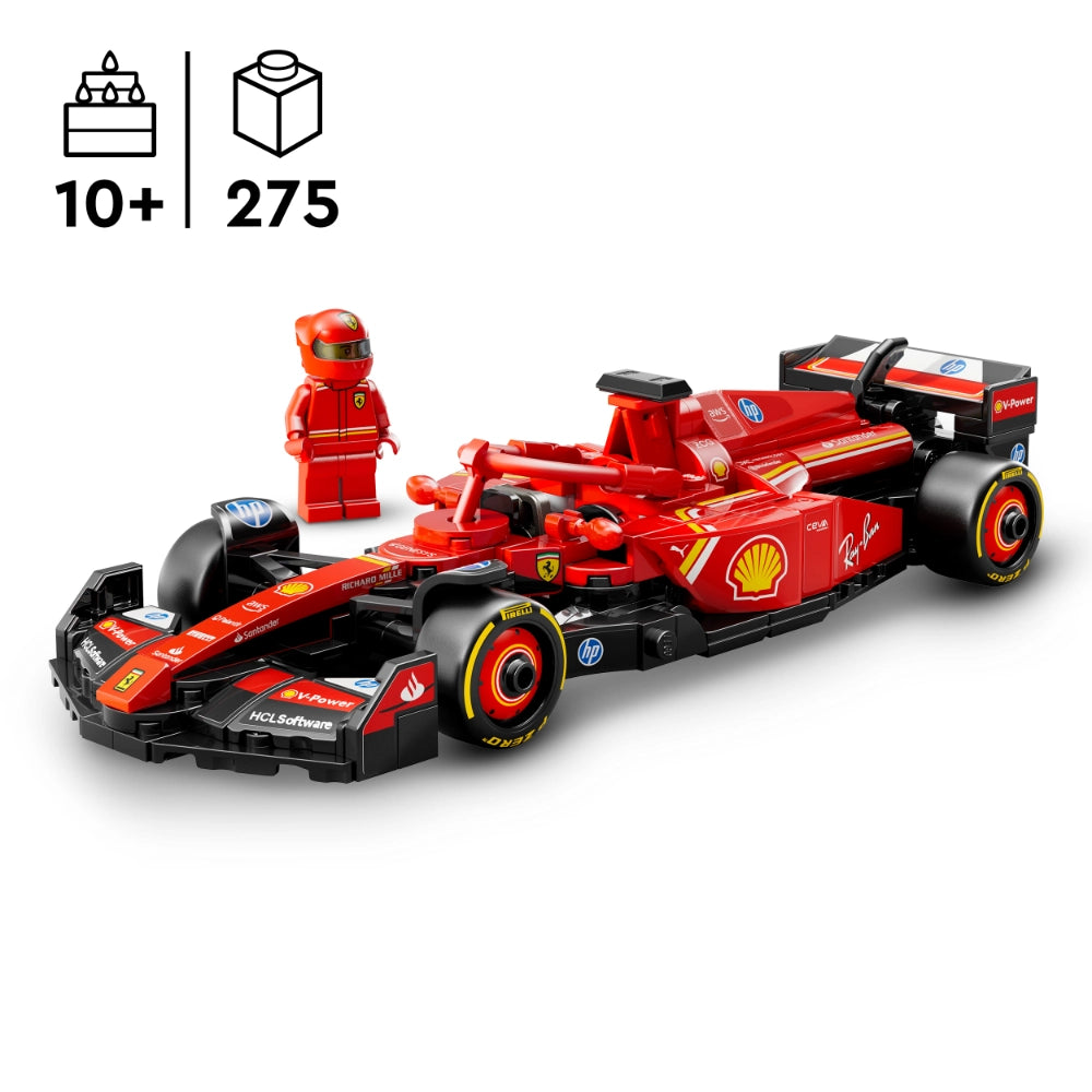 LEGO Ferrari SF-24 F1 Race Car set 77242 featuring red and black buildable Formula 1 vehicle with minifigure driver, Shell and HP sponsor logos, detailed cockpit and aerodynamic design, recommended for ages 10 and up, 275 pieces