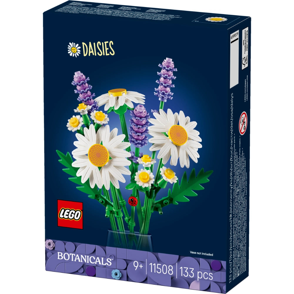LEGO Daisies Botanicals set 11508 showing buildable white and yellow daisies with purple lavender flowers and green stems in a decorative arrangement, 133 pieces, ages 9 plus