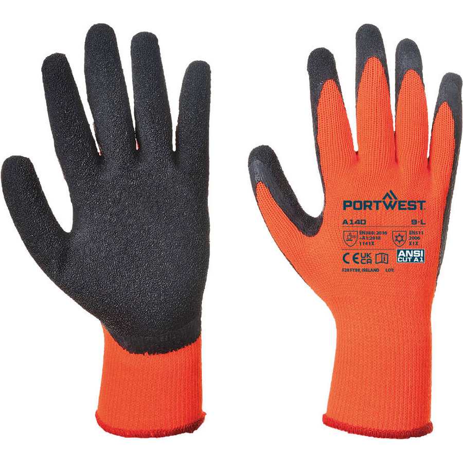 Portwest A140 Thermal Grip Latex Gloves - Orange/Black