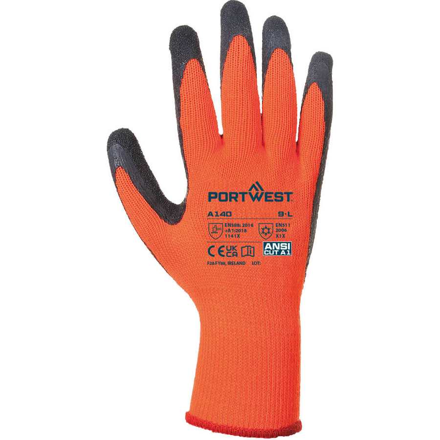 Portwest A140 Thermal Grip Latex Gloves - Orange/Black
