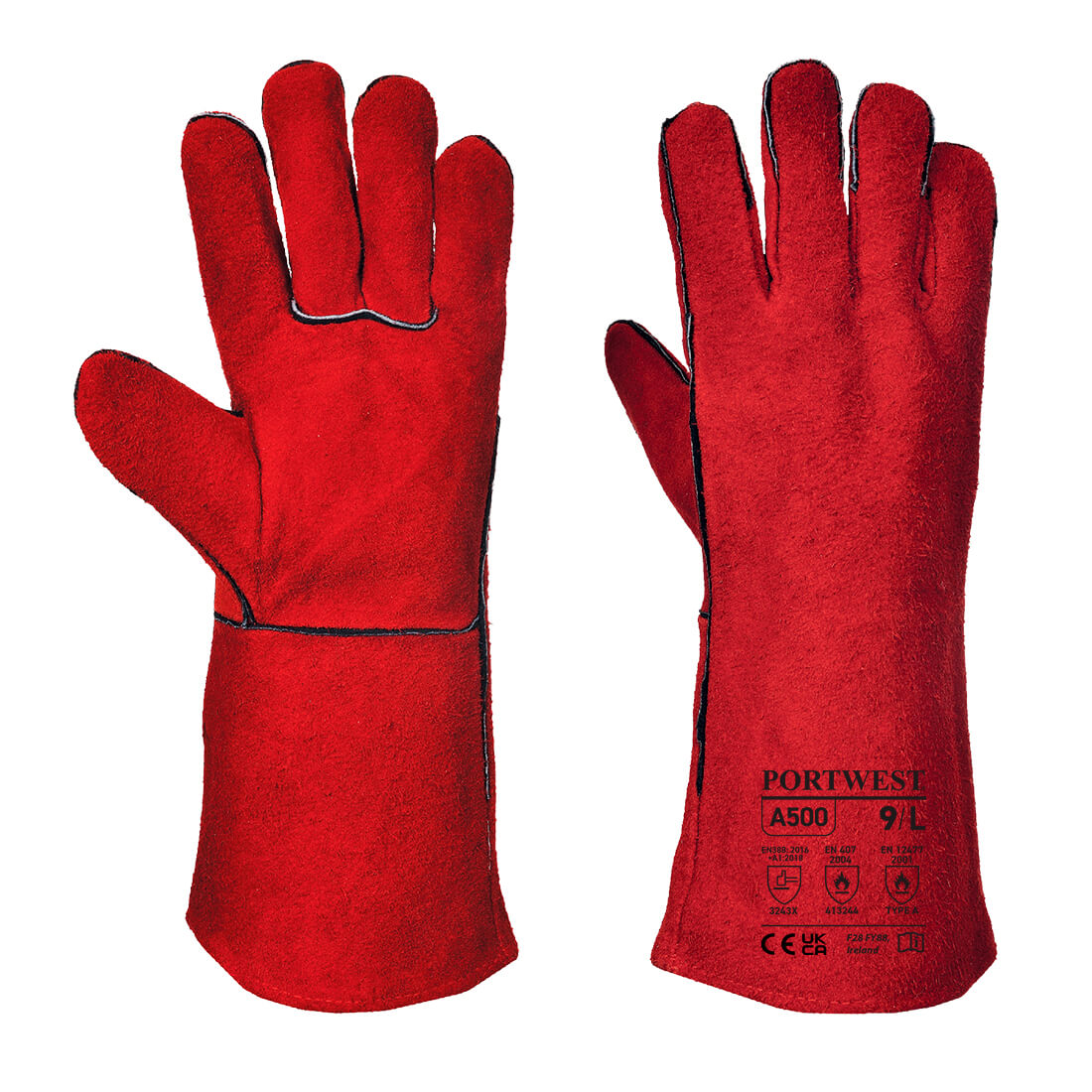 Portwest A500 - Welders 210 Split Leather Red Gauntlet Gloves - Red - XL | A500RERXL