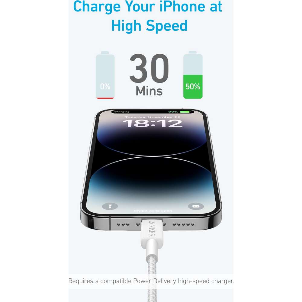 Anker Lightning to USB C Phone Charging Cable 1.8 Metre 6ft - White | A81B6G21