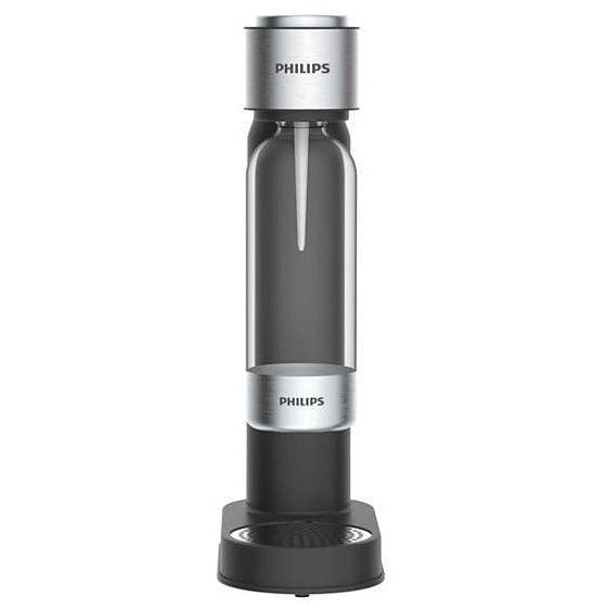 Philips GoZero Soda Water Maker in black and stainless steel with glass carbonation bottle on black base stand