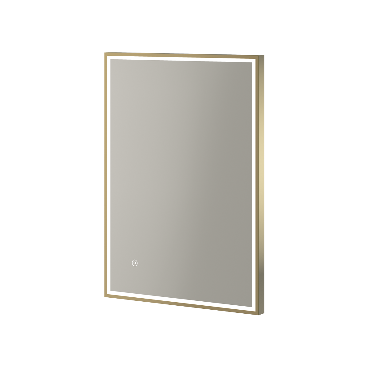 Aqualla Fuse Frame LED bathroom mirror with brushed brass frame and integrated LED lighting, rectangular portrait orientation design